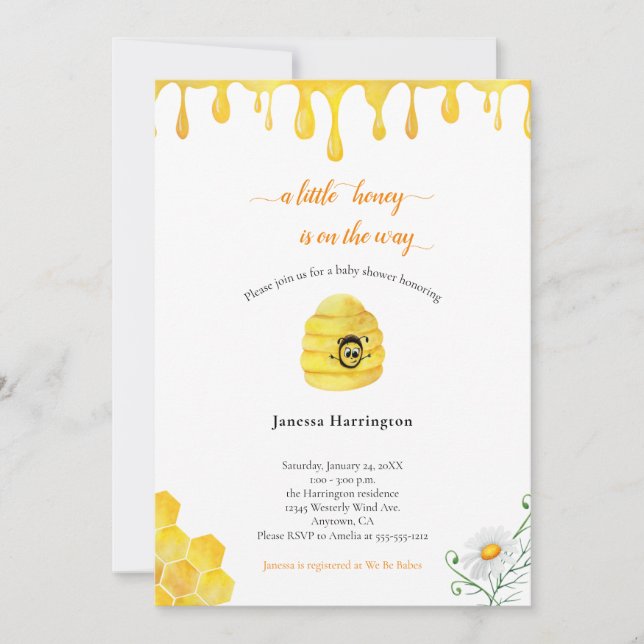 Invitación Little Honey Bee Watercolor Baby Shower (Anverso)