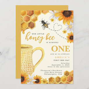Invitación Little Honey Bee Watercolor Sunflower 1º cumpleaño