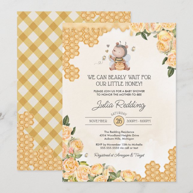 Invitación Little Honey Teddy Bear Mom-to-Bee Baby Shower (Anverso / Reverso)