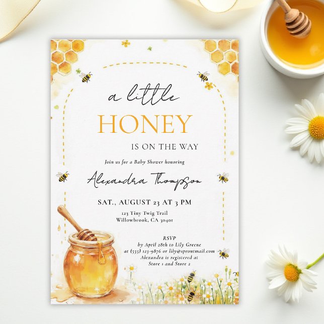 Invitación Little Honey Wildflowers Summer Arch Baby Shower (a little honey baby shower bee theme invitation spring summer watercolor elegant floral bumblebee)