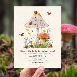 Invitación Little Lady Ladybug Mushroom Flowers Baby Shower