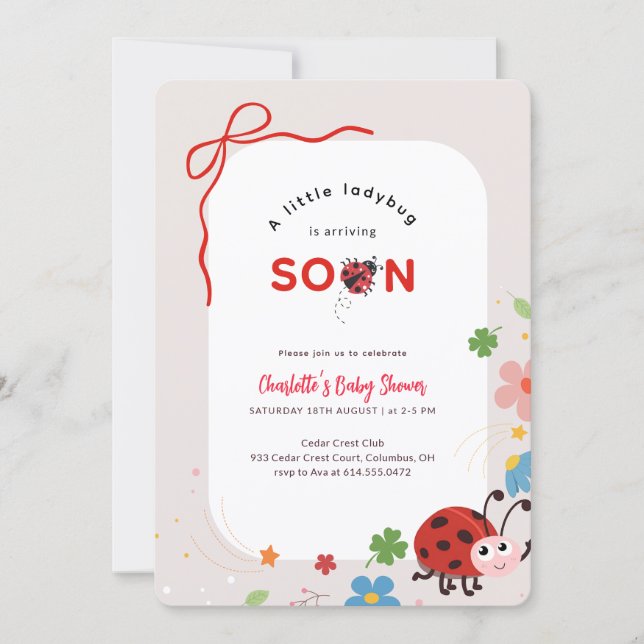 Invitación Little Ladybug Red Bow Floral Baby Shower (Anverso)