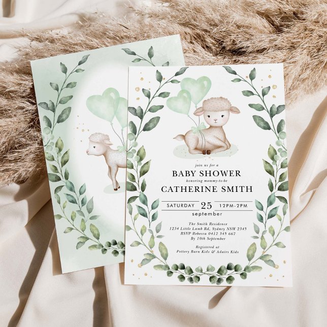 Invitación Little Lamb Eucalyptus Greenery Wreath Baby Shower (Subido por el creador)
