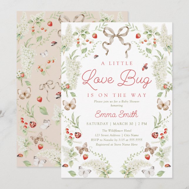 Invitación Little Love Bug Floral Bow Baby Shower Invitation (Anverso / Reverso)
