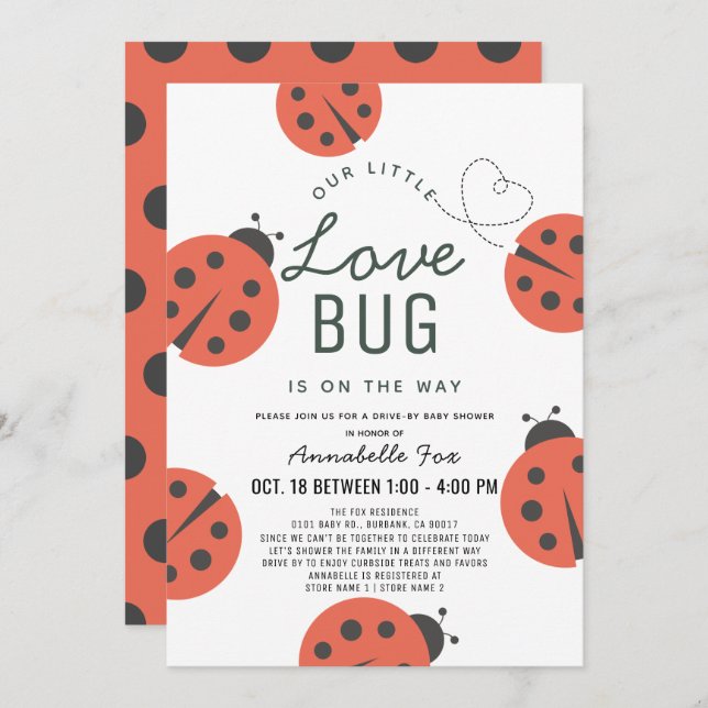 Invitación Little Love Bug Ladybug Drive by Baby Shower (Anverso / Reverso)