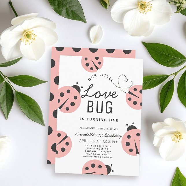 Invitación Little Love Bug Light Pink Ladybug 1er cumpleaños (Subido por el creador)