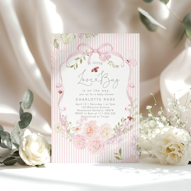 Invitación Little Love Bug Pink Bow Stripes Baby Shower (Subido por el creador)