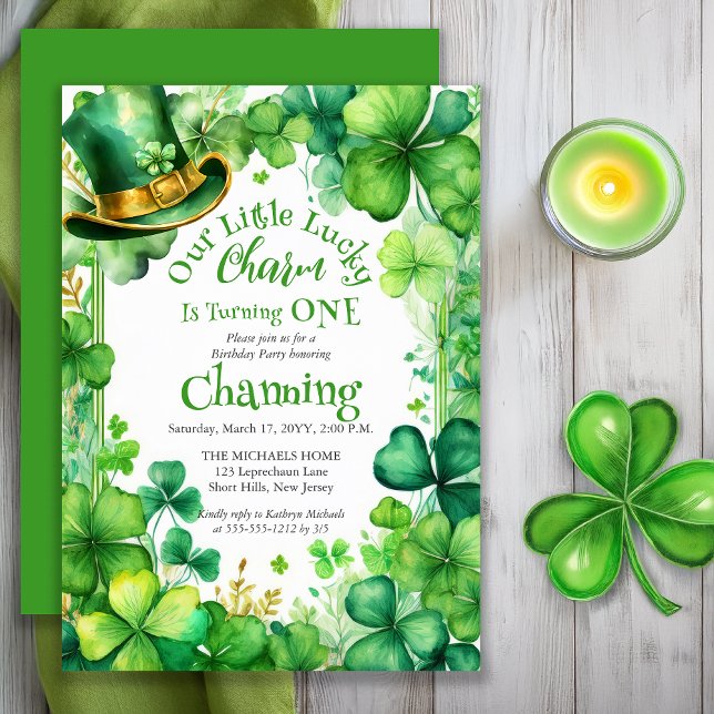Invitación Little Lucky Charm St. Patrick’s Day 1st Birthday (Our Little Lucky Charm Is Turning ONE Saint Patrick's Day 1st Birthday Party Invitation - Print Digi)