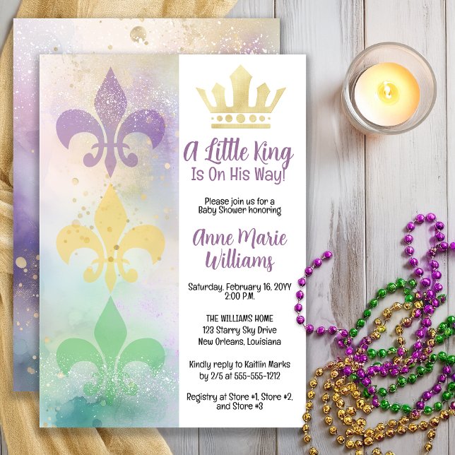 Invitación Little Mardi Gras King Baby Shower  (Little Mardi Gras King Baby Shower Invitation with Crown & Fleur-de-Lis -- Print | Digital Download)