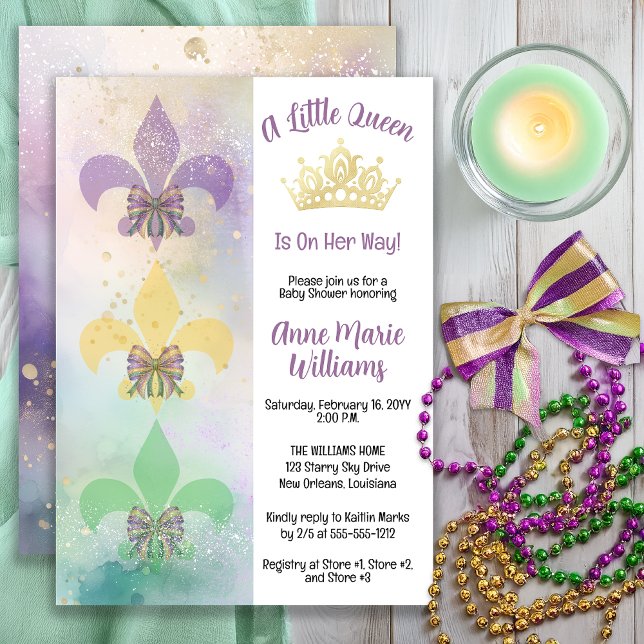 Invitación Little Mardi Gras Queen Fleur de Lis Baby Shower (Little Mardi Gras Queen Baby Shower Invitation with Crown & Fleur-de-Lis -- Print | Digital)
