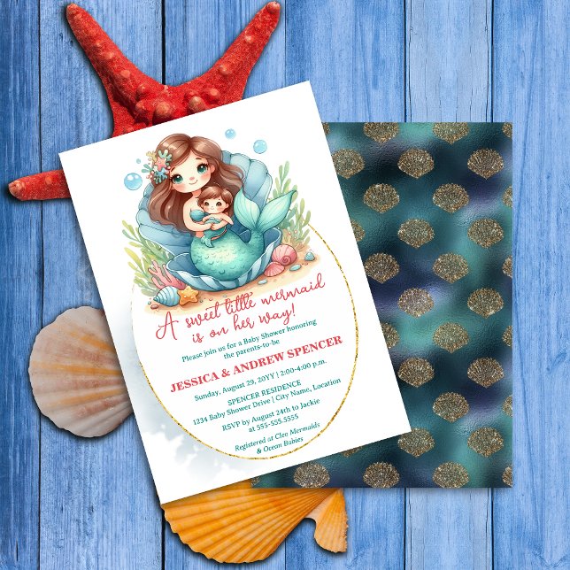 Invitación Little Mermaid Baby Shower (Sweet little baby mermaid baby shower invite front and back view.)