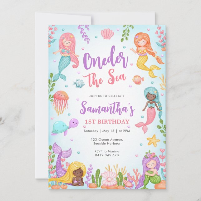 Invitación Little Mermaid Oneder The Sea 1st Birthday (Anverso)