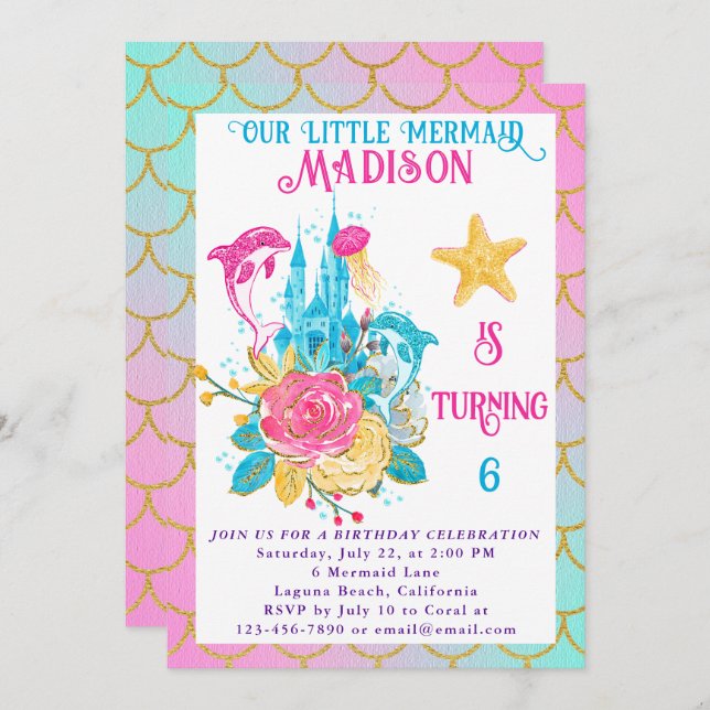 Invitación Little Mermaid Scale Pink Turquoise Gold Birday (Anverso / Reverso)