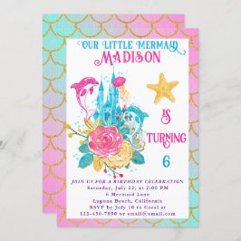 Invitación Little Mermaid Scale Pink Turquoise Gold Birday