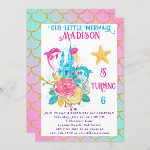Invitación Little Mermaid Scale Pink Turquoise Gold Birday