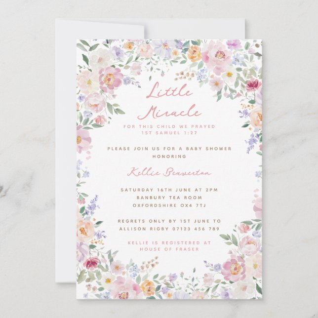 Invitación Little Miracle Pastel Flowers Baby Shower (Anverso)
