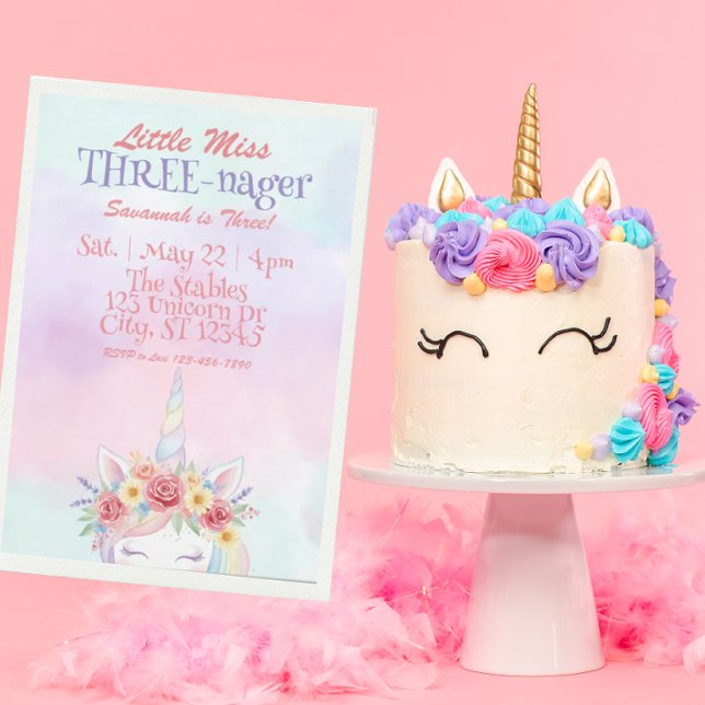 Invitación Little Miss Three-nager, Unicorn 3rd Birthday (Subido por el creador)