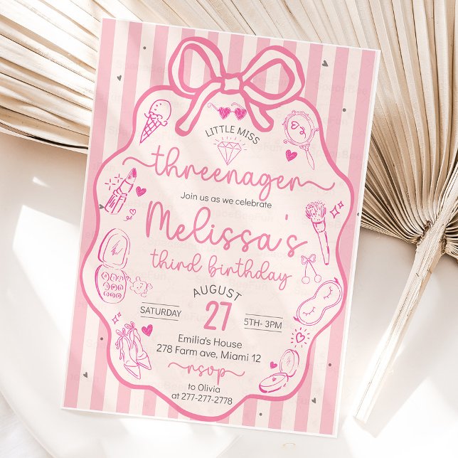 Invitación Little Miss Threenager Coquette Bow (Little Miss,Threenager, invitation, Pink Coquette,Hand Drawn invite, Bow invites,Fashion & Makeup,Gi)