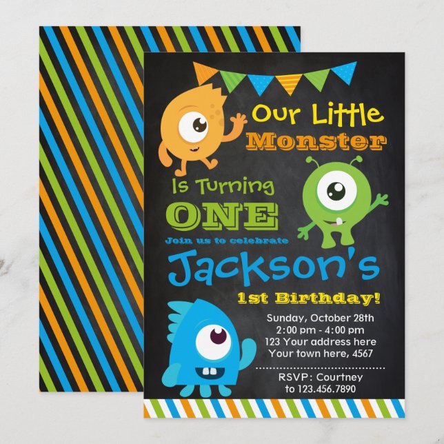Invitación Little Monster Invitation, Chalkboard (Anverso / Reverso)