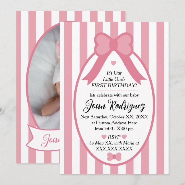 Invitación Little One Bow 1st Birthday Photo Invitations (Anverso / Reverso)
