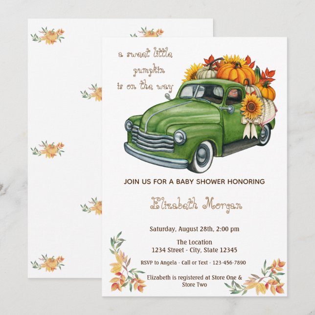 Invitación Little Pampkin,Truck Sunflower Autumn Baby Shower (Anverso / Reverso)