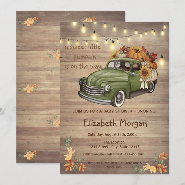 Invitación Little Pampkin,Wood Truck Sunflowers Baby Shower (Anverso / Reverso)