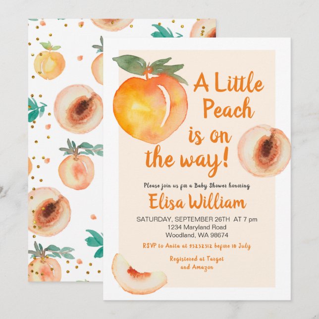 Invitación Little Peach está en el camino de Baby Shower (Anverso / Reverso)