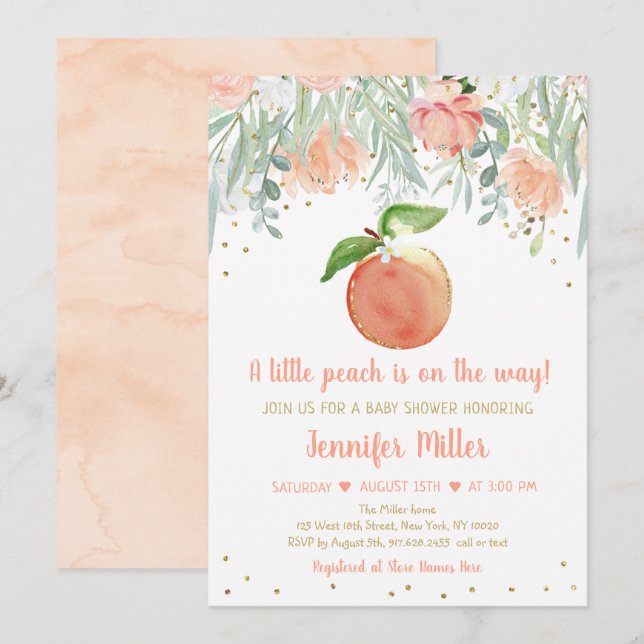 Invitación Little Peach Floral Gold Baby Shower (Anverso / Reverso)