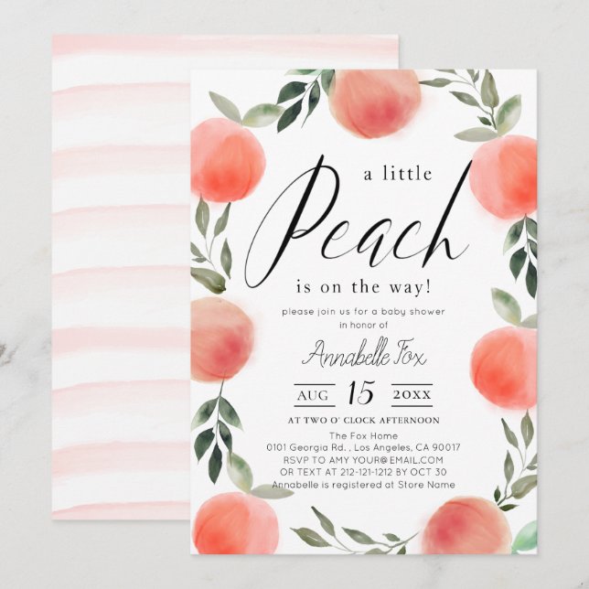 Invitación Little Peach Watercolor Baby Shower (Anverso / Reverso)