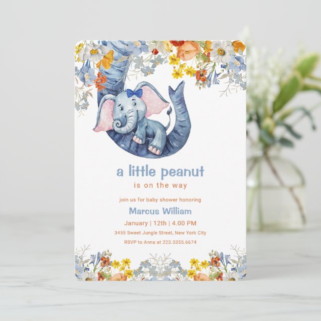 Invitación Little Peanut Blue Elephant Floral Baby Shower (Anverso de pie)