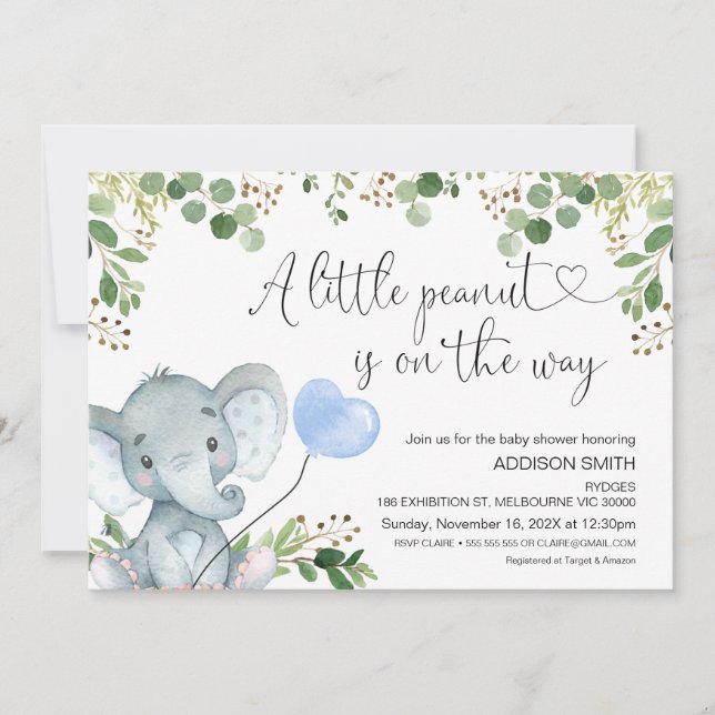 Invitación Little Peanut Elephant Blue Ballon Baby Shower (Anverso)