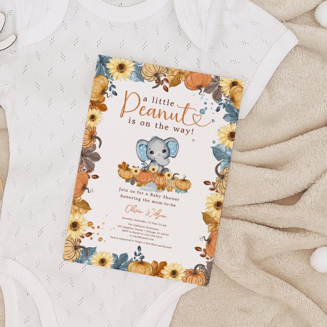 Invitación Little Peanut - Fall Elephant Pumpkin Baby Shower (A Little Peanut is on the Way - Fall Elephant Pumpkin Baby Boy Shower Invitation)