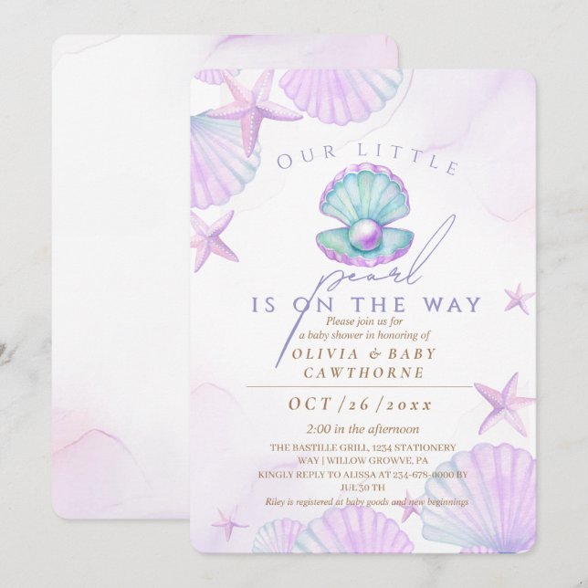 Invitación Little Pearl Baby Shower Ocean Watercolor (Anverso / Reverso)