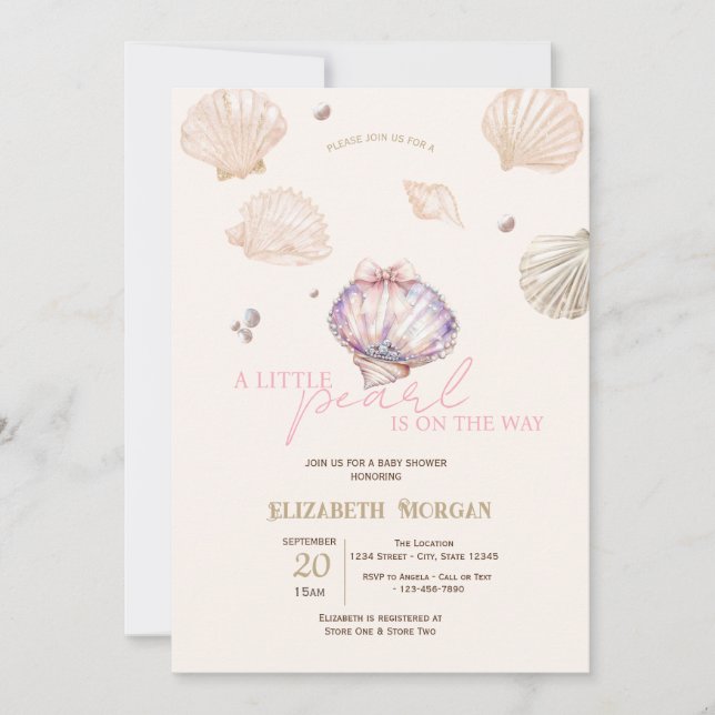 Invitación Little Pearl Diamonds Seashells Beige Baby Shower (Anverso)