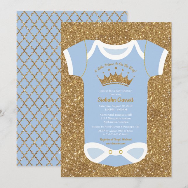 Invitación Little Prince Baby Blue & Royal Gold Baby Shower (Anverso / Reverso)