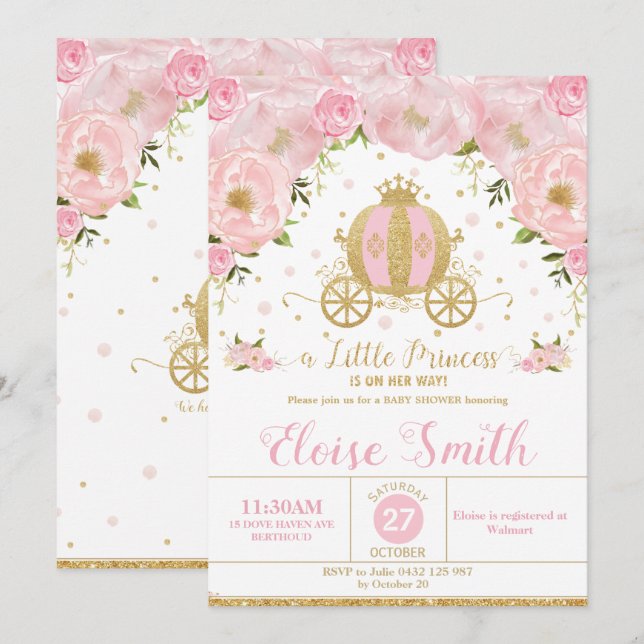 Invitación Little Princess Baby Shower Carriage Floral Rosa (Anverso / Reverso)