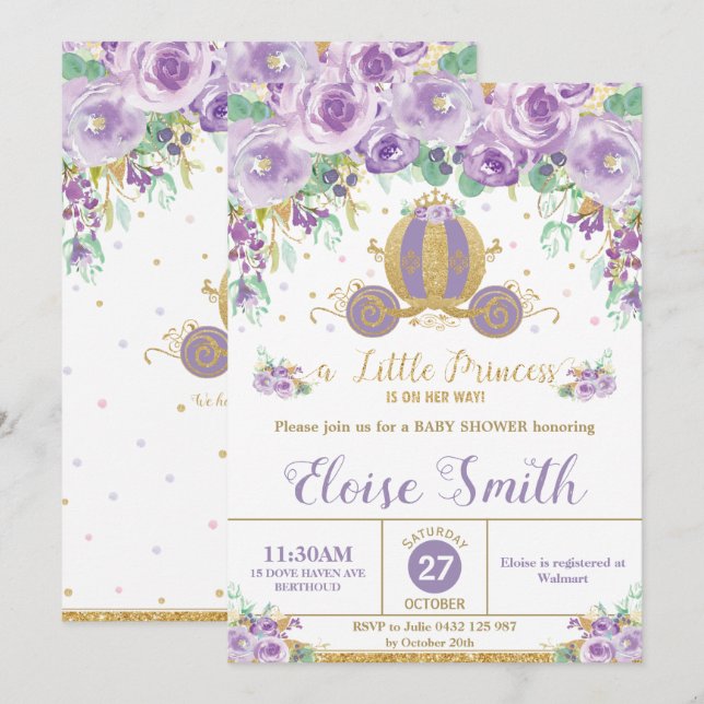 Invitación Little Princess Baby Shower Carriage Purple Floral (Anverso / Reverso)