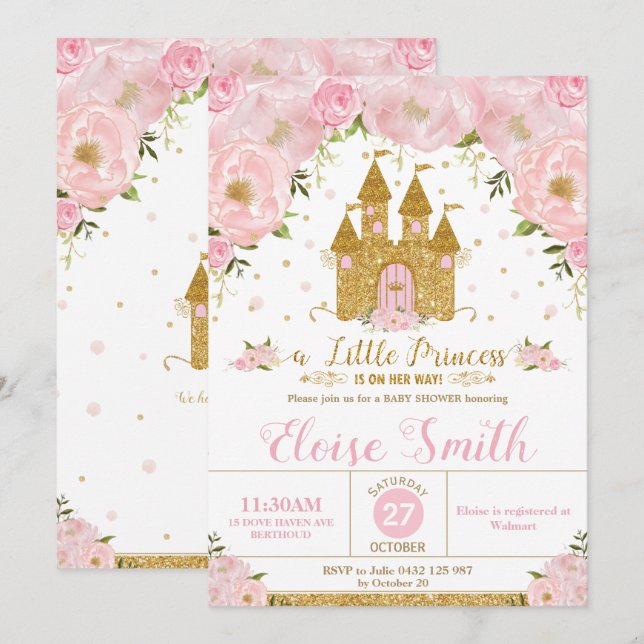 Invitación Little Princess Baby Shower Castle Pink Floral (Anverso / Reverso)
