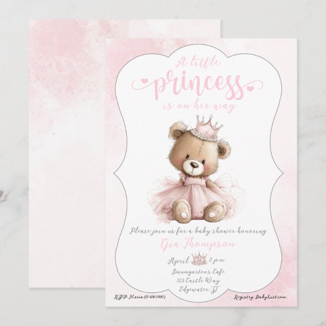Invitación Little Princess Baby Shower Invitation with Teddy  (Anverso / Reverso)