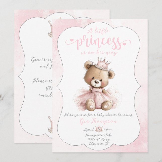 Invitación Little Princess Baby Shower Invitation with Teddy  (Anverso / Reverso)