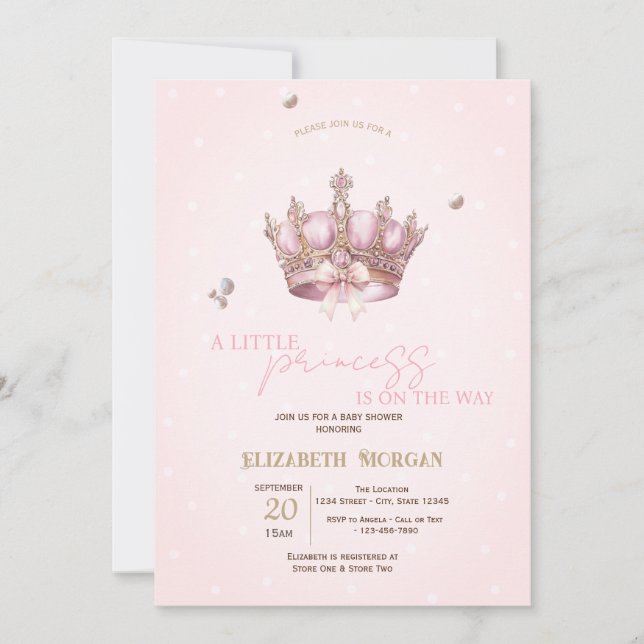 Invitación Little Princess Crown Pearls Dots Baby Shower (Anverso)