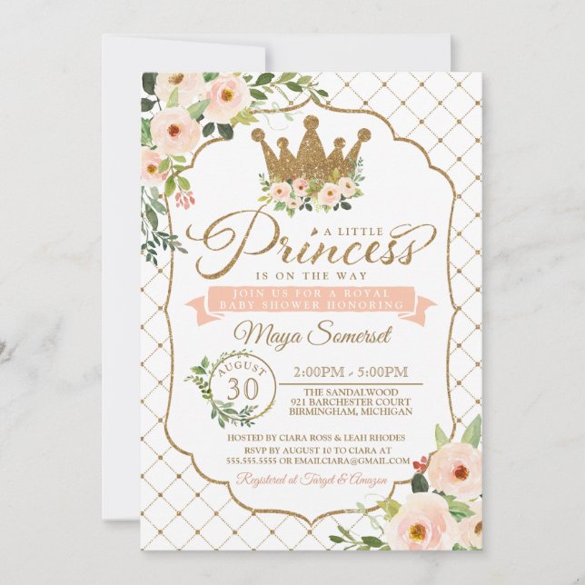Invitación Little Princess Gold Floral Royal Baby Shower (Anverso)