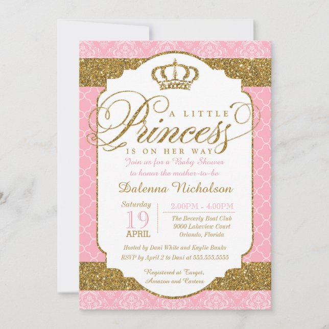 Invitación Little Princess Royal Pink and Gold Baby Shower (Anverso)