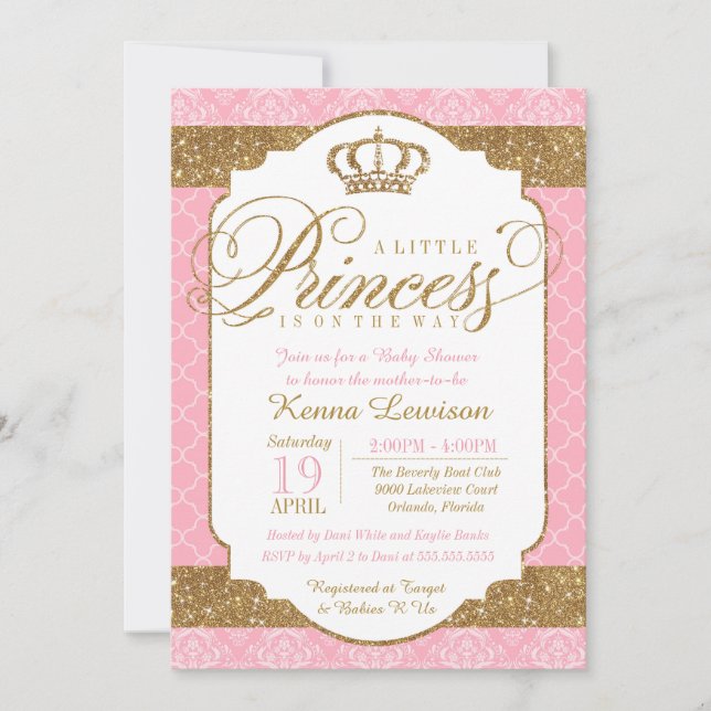 Invitación Little Princess Royal Pink and Gold Baby Shower (Anverso)