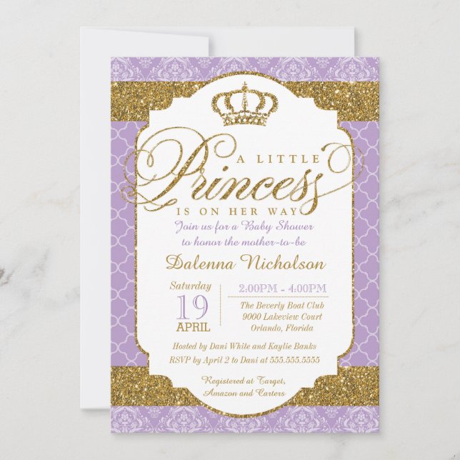 Invitación Little Princess Royal Purple and Gold Baby Shower (Anverso)