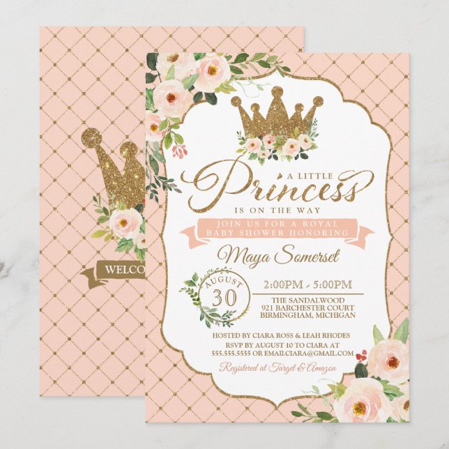Invitación Little Princess Rubor Floral Royal Baby Shower (Anverso / Reverso)