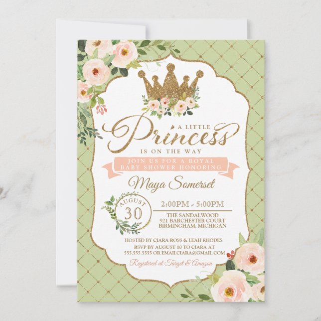 Invitación Little Princess Rubor Mint Gold Royal Baby Shower (Anverso)