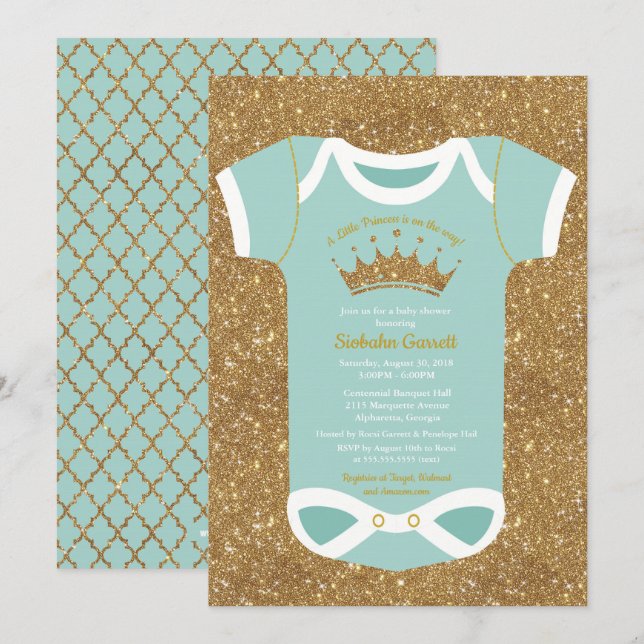 Invitación Little Princess Turquoise Purpurina Gold Baby Show (Anverso / Reverso)