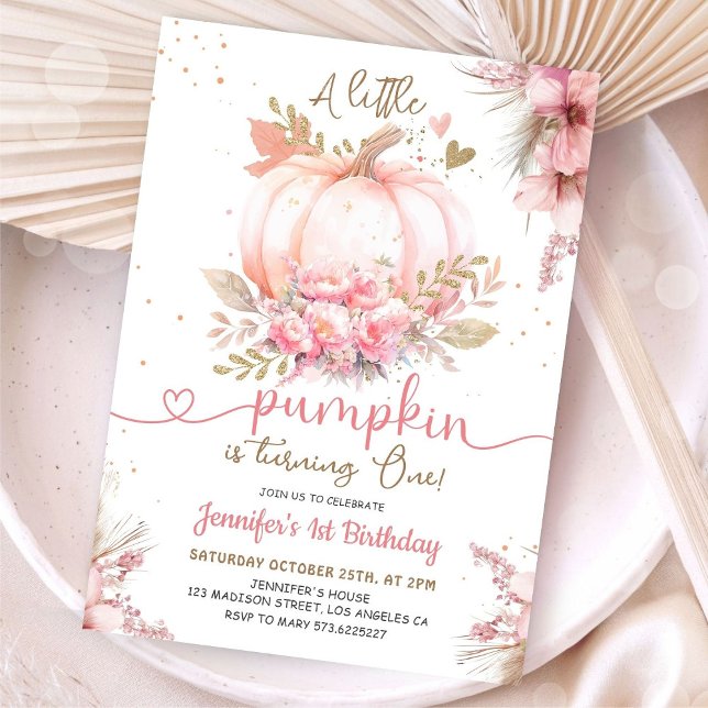Invitación Little Pumpkin 1st Birthday Pink Gold Girls (Subido por el creador)