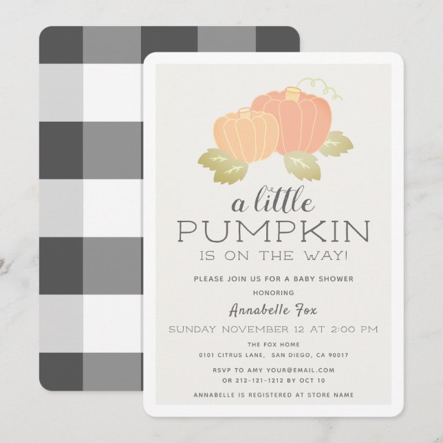 Invitación Little Pumpkin Beige Black Gingham Baby Shower (Anverso / Reverso)